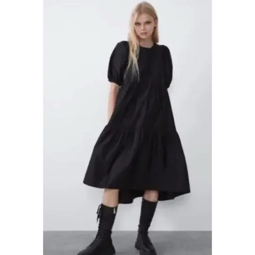 Zara Black Midi Dress with Puff Sleeves